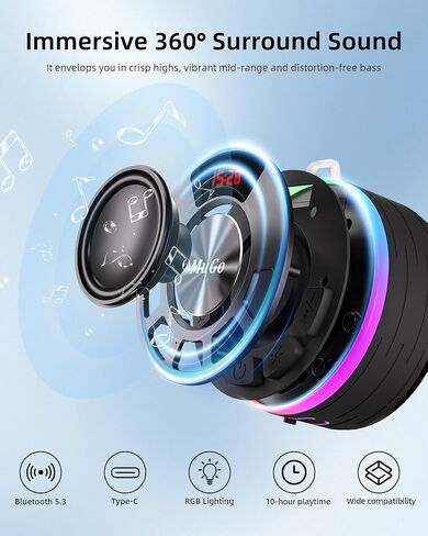 مكبر صوت بلوتوث MuGo، صوت ستيريو عالي الدقة 360 درجة، IPX7 مكبر صوت لاسلكي مقاوم للماء بلوتوث 5.3 مع أضواء RGB، كوب شفط وميكروفون، راديو دش صغير للمنزل/الحفلة/الخارج/الهدايا in Kuwait