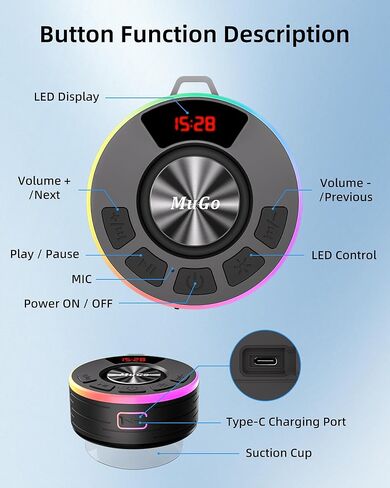مكبر صوت بلوتوث MuGo، صوت ستيريو عالي الدقة 360 درجة، IPX7 مكبر صوت لاسلكي مقاوم للماء بلوتوث 5.3 مع أضواء RGB، كوب شفط وميكروفون، راديو دش صغير للمنزل/الحفلة/الخارج/الهدايا in Kuwait