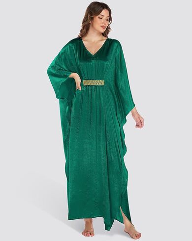 Bsubseach Kaftan Dresses for Women Solid Color V Neck Batwing Sleeve Caftan Dress Satin Plus Size Maxi Beach Cover Up in Saudi Arabia