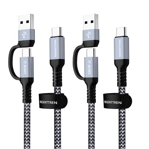 كابل 2 في 1 USB C إلى C بقوة 100 وات (6 أقدام، 2 حزمة)، سلك شحن سريع 5 أمبير من النوع A إلى C، كابل USB C مجدول من النايلون لسلسلة iPhone 16 Max، MacBook Pro، iPad (كابل 100 واط) in Kuwait