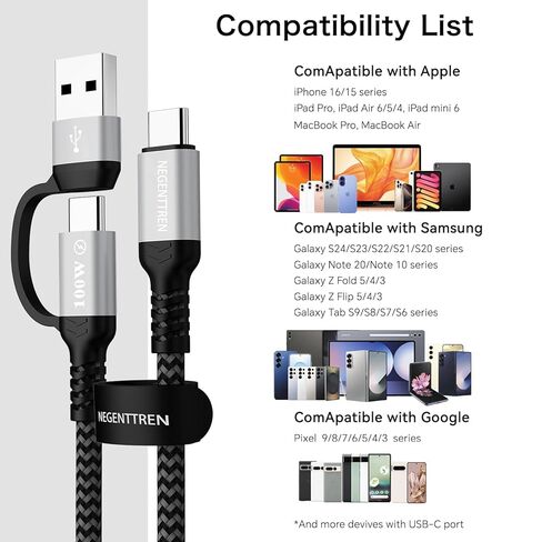 كابل 2 في 1 USB C إلى C بقوة 100 وات (6 أقدام، 2 حزمة)، سلك شحن سريع 5 أمبير من النوع A إلى C، كابل USB C مجدول من النايلون لسلسلة iPhone 16 Max، MacBook Pro، iPad (كابل 100 واط) in Kuwait