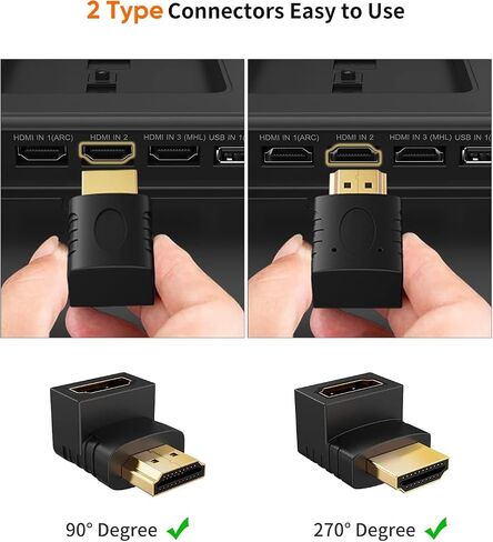 HDMI Adapter Male to Female, 2 Pack 90 and 270 Degree Right Angle Converter, HDMI L Shape Flat Extender for Wall TV, Roku, PS5, Fire Stick, Chromecast, Switch, Laptop, PC in Saudi Arabia