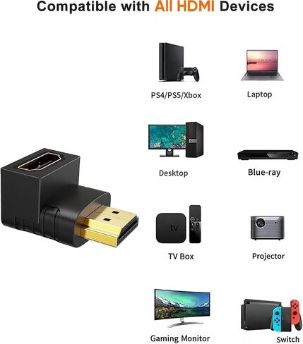 HDMI Adapter Male to Female, 2 Pack 90 and 270 Degree Right Angle Converter, HDMI L Shape Flat Extender for Wall TV, Roku, PS5, Fire Stick, Chromecast, Switch, Laptop, PC in Saudi Arabia
