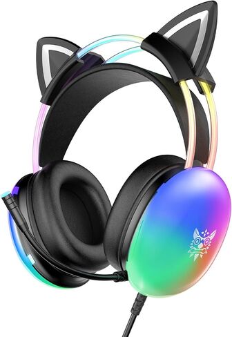 Cat Ear Gaming Headset with Microphone, RGB Rainbow Lighting, Surround Sound, 3.5mm Wired Over-Ear Headphones for PC/PS4/PS5/Switch/Laptop, Lightweight and Adjustable Headband in Kuwait
