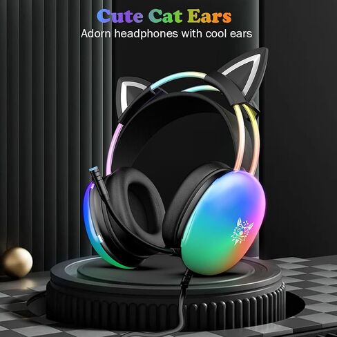 Cat Ear Gaming Headset with Microphone, RGB Rainbow Lighting, Surround Sound, 3.5mm Wired Over-Ear Headphones for PC/PS4/PS5/Switch/Laptop, Lightweight and Adjustable Headband in Kuwait