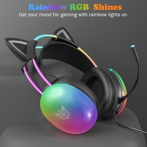 Cat Ear Gaming Headset with Microphone, RGB Rainbow Lighting, Surround Sound, 3.5mm Wired Over-Ear Headphones for PC/PS4/PS5/Switch/Laptop, Lightweight and Adjustable Headband in Kuwait