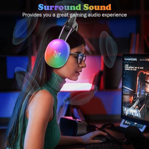 Cat Ear Gaming Headset with Microphone, RGB Rainbow Lighting, Surround Sound, 3.5mm Wired Over-Ear Headphones for PC/PS4/PS5/Switch/Laptop, Lightweight and Adjustable Headband in Kuwait