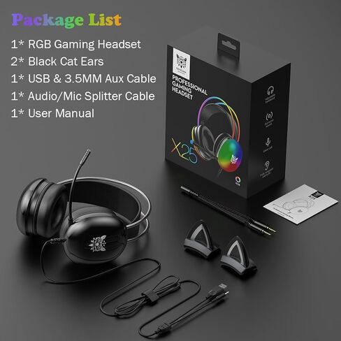 Cat Ear Gaming Headset with Microphone, RGB Rainbow Lighting, Surround Sound, 3.5mm Wired Over-Ear Headphones for PC/PS4/PS5/Switch/Laptop, Lightweight and Adjustable Headband in Kuwait