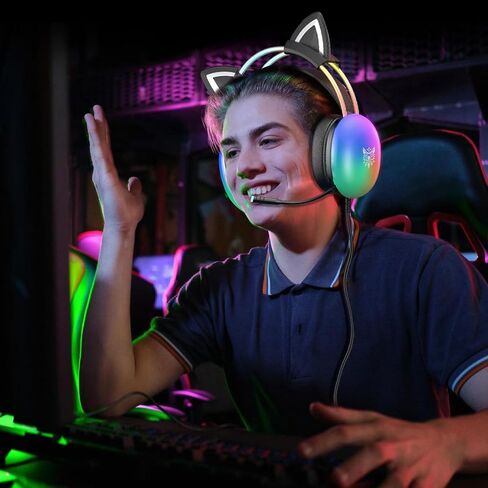 Cat Ear Gaming Headset with Microphone, RGB Rainbow Lighting, Surround Sound, 3.5mm Wired Over-Ear Headphones for PC/PS4/PS5/Switch/Laptop, Lightweight and Adjustable Headband in Kuwait