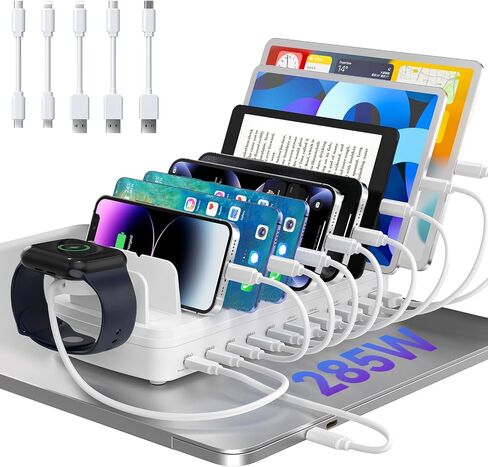 285W Charging Station for Multiple Devices, 10 Ports Fast Multi-Device Charger Organizer Compatible with MacBook Pro Laptop, iPhone, Android, Ipad, Tablet, Kindle, Family Multi-Device Charging Dock in Saudi Arabia