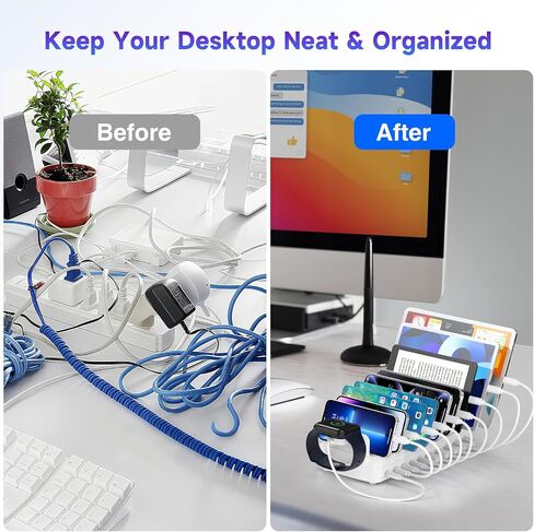 285W Charging Station for Multiple Devices, 10 Ports Fast Multi-Device Charger Organizer Compatible with MacBook Pro Laptop, iPhone, Android, Ipad, Tablet, Kindle, Family Multi-Device Charging Dock in Saudi Arabia