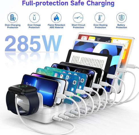 285W Charging Station for Multiple Devices, 10 Ports Fast Multi-Device Charger Organizer Compatible with MacBook Pro Laptop, iPhone, Android, Ipad, Tablet, Kindle, Family Multi-Device Charging Dock in Saudi Arabia