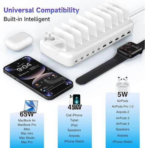 285W Charging Station for Multiple Devices, 10 Ports Fast Multi-Device Charger Organizer Compatible with MacBook Pro Laptop, iPhone, Android, Ipad, Tablet, Kindle, Family Multi-Device Charging Dock in Saudi Arabia