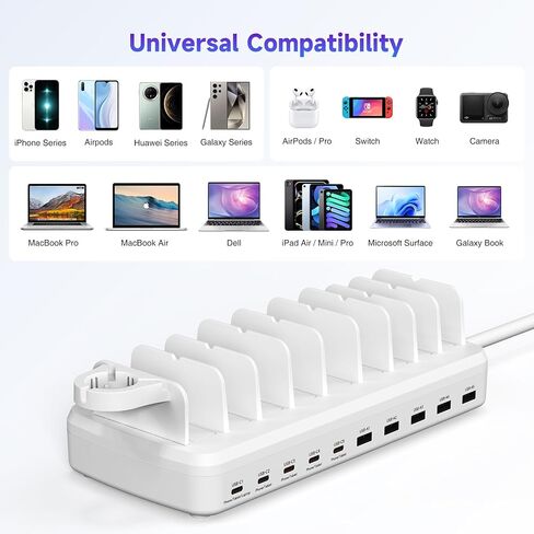 285W Charging Station for Multiple Devices, 10 Ports Fast Multi-Device Charger Organizer Compatible with MacBook Pro Laptop, iPhone, Android, Ipad, Tablet, Kindle, Family Multi-Device Charging Dock in Saudi Arabia