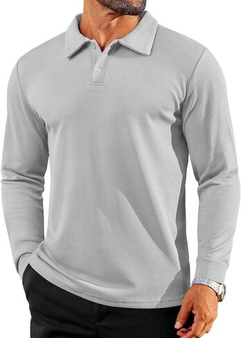 Mens Casual Polo Shirts Long Sleeve Striped Textured Slim Fit Lightweight Soft Classic Collared Golf Shirts in Kuwait