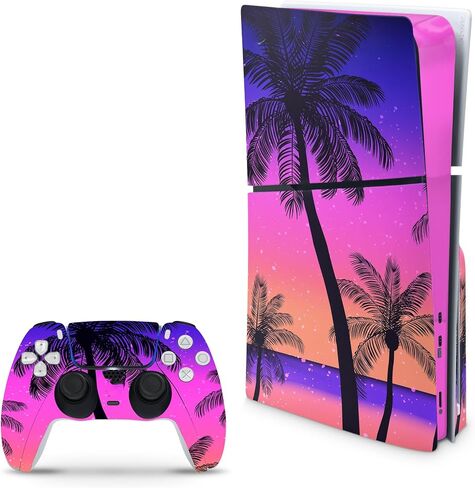 متوافق مع PS5 Slim Skin لوحدة التحكم وأجهزة التحكم من ZOOMHITSKINS، ملصق غطاء من الفينيل مقاس 3M، Vibe Tropical Beach Palm Blue Ocean Cute Summer Sunset، متين، خالي من الفقاعات، مقطوع بدقة in Saudi Arabia