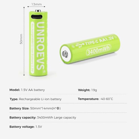 USB Rechargeable Lithium AA Batteries, 3400mWh 1.5V Rechargeable Double A Battery with 2-in-1 USB-C Cable,2H Fast Charge, Over 1200 Cycles.(2 Packs) in Kuwait