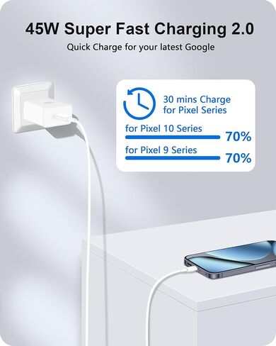 شاحن سريع 45 واط USB C لـ Google Pixel 10/10 Pro/10 Pro XL/9/9 Pro XL/Fold/8/8a/8 Pro/7/6/5، كتلة شاحن 45 واط من النوع C وكابل USBC طويل 10أقدام شحن سريع لهاتف iPhone 17/17 Pro/Air/16/15/Pro Max، iPad in Kuwait