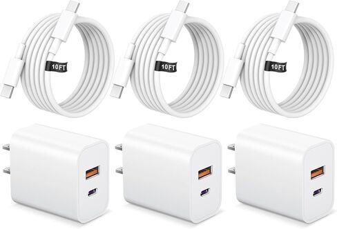 شاحن iPhone 17 16 15 شحن سريع USB C شاحن من النوع C مع 3 كابلات بطول 10 أقدام لهاتف iPhone 17/17 Plus/17 Pro Max/16/16 Plus/16 Pro Max/15 Pro Max/iPad Pro in Kuwait