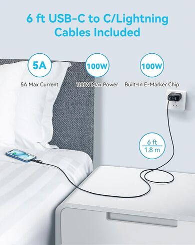 كتلة شاحن USB C بقدرة 65 واط من MINLU، شاحن جداري GaN 3 منافذ سريع PPS من النوع C مع كابل 6 أقدام 100 واط 2 في 1 USB-C/L، شحن سريع لأجهزة MacBook Pro/Air، iPad، iPhone 17/16/15 والمزيد من السلسلة، Galaxy S24 UItra in Kuwait