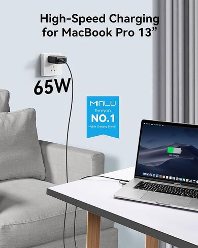 كتلة شاحن USB C بقدرة 65 واط من MINLU، شاحن جداري GaN 3 منافذ سريع PPS من النوع C مع كابل 6 أقدام 100 واط 2 في 1 USB-C/L، شحن سريع لأجهزة MacBook Pro/Air، iPad، iPhone 17/16/15 والمزيد من السلسلة، Galaxy S24 UItra in Kuwait