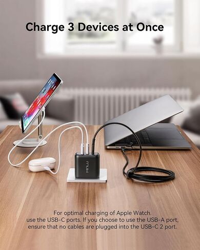 كتلة شاحن USB C بقدرة 65 واط من MINLU، شاحن جداري GaN 3 منافذ سريع PPS من النوع C مع كابل 6 أقدام 100 واط 2 في 1 USB-C/L، شحن سريع لأجهزة MacBook Pro/Air، iPad، iPhone 17/16/15 والمزيد من السلسلة، Galaxy S24 UItra in Kuwait
