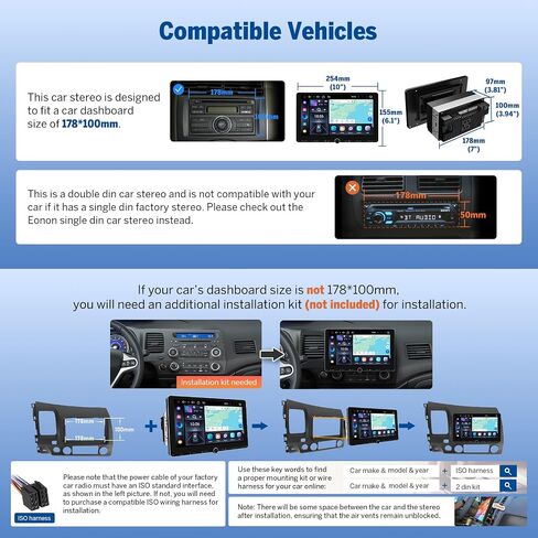 Eonon Android 14 Double Din Car Stereo، سلكي ولاسلكي Carplay & Android Auto، راديو مع شاشة IPS كبيرة 10.1 بوصة، 3 جيجابايت + 32 جيجابايت، DSP مدمج، بلوتوث 5.4، SWC، UX7-PLUS in Kuwait