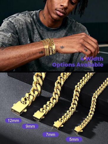 Richsteel 5/7/9/12mm Wide Miami Cuban Link Chain Bracelet for Men Women,Stainless Steel/Gold/Black Plated,7.4/8.2/9 Inch Length,Hip Hop Urban Street-wear Jewelry(Gift Wrapped) in Saudi Arabia