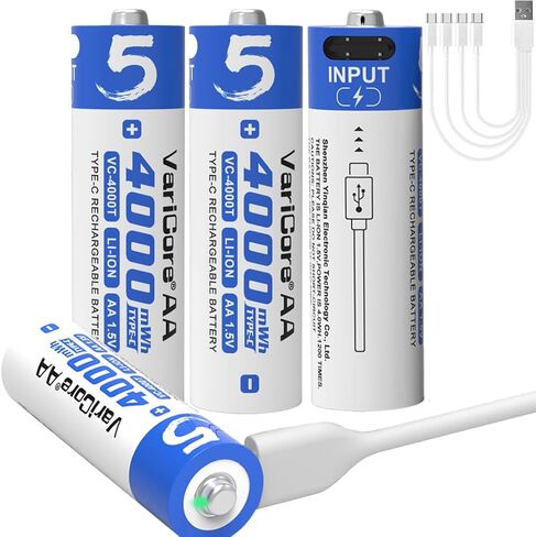4000 مللي واط في الساعة بطاريات ليثيوم AA قابلة لإعادة الشحن، 4 عبوات، 1.5 فولت USB نوع C بطاريات ليثيوم أيون مزدوجة مقاس AA، تدوم طويلاً 1200 دورة، بطارية عالية السعة للألعاب، أجهزة التحكم عن بعد، قفل الباب الذكي in Kuwait