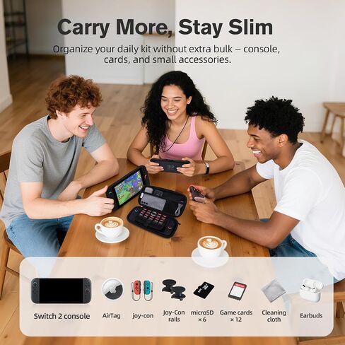 حقيبة حمل OZZYA لجهاز Nintendo Switch 2، هيكل صلب واقٍ، فتحة AirTag، جراب شبكي مزود بخطاف وحلقة مخفية، حزام رفع، 12 بطاقة ألعاب و6 وحدات تخزين microSD، بطانة ناعمة، أسود in Kuwait