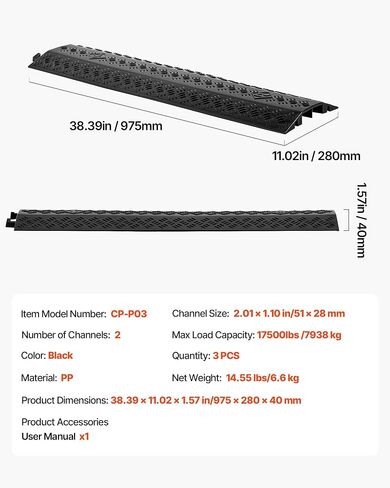 VEVOR Drop Over Cable Cover Ramp، 2000 رطل / سعة تحميل المحور، منحدر حامي خرطوم الكابل عالي التحمل، غطاء سلك الأرضية لمناطق المرور العالية المشي داخليًا وخارجيًا، المنزل والمكتب والمستودعات والمدرسة in Saudi Arabia