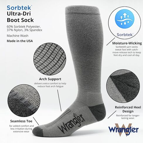 Wrangler Mens Ultra Dri Sorbtek Seamless Toe Tall Boot Socks 3 Pair Pack in Kuwait