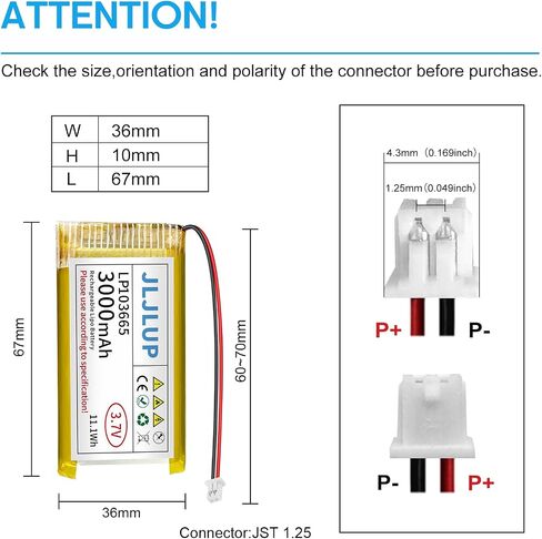 3.7V Lipo Battery 3000mAh Rechargeable Lithium Polymer Batteries Pack with Wire JST1.25mm Connector Integrated Protection Circuit for Arduino ESP32 Development Board for Speaker Wireless Device in Saudi Arabia