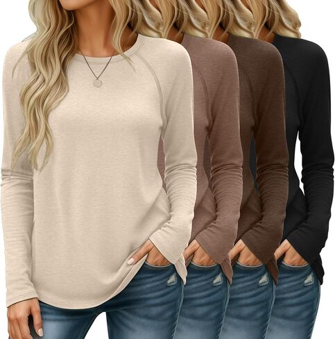 Huukeay 4 Pack Womens Long Sleeve Tirts ، Crew Neck Raglan Sleeve Tunic Tops Side Side Cotton Lase Lough Curved Hem in Saudi Arabia