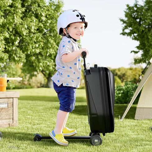 Scooter Hardshell Kids' Luggage, Foldable Carry on Kids Suitcase with Telescopic Handle for Travel, Multifunctional Ride On Lightweight Luggage with Wheels, Light Blue in Saudi Arabia
