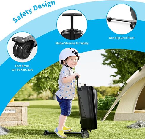 Scooter Hardshell Kids' Luggage, Foldable Carry on Kids Suitcase with Telescopic Handle for Travel, Multifunctional Ride On Lightweight Luggage with Wheels, Light Blue in Saudi Arabia