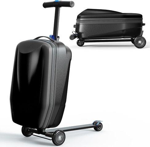 Scooter Hardshell Kids' Luggage, Foldable Carry on Kids Suitcase with Telescopic Handle for Travel, Multifunctional Ride On Lightweight Luggage with Wheels, Light Blue in Saudi Arabia