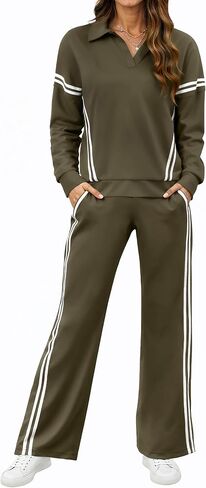 مجموعات صالة Sheshow للنساء v-neck tracksuit 2 stripes واسعة الساق سراويل 2 قطعة الزي من النساء مع جيوب xs-xxl in Kuwait