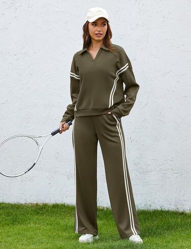 مجموعات صالة Sheshow للنساء v-neck tracksuit 2 stripes واسعة الساق سراويل 2 قطعة الزي من النساء مع جيوب xs-xxl in Kuwait