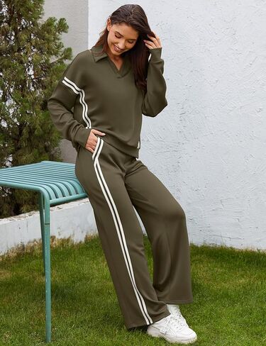 مجموعات صالة Sheshow للنساء v-neck tracksuit 2 stripes واسعة الساق سراويل 2 قطعة الزي من النساء مع جيوب xs-xxl in Kuwait
