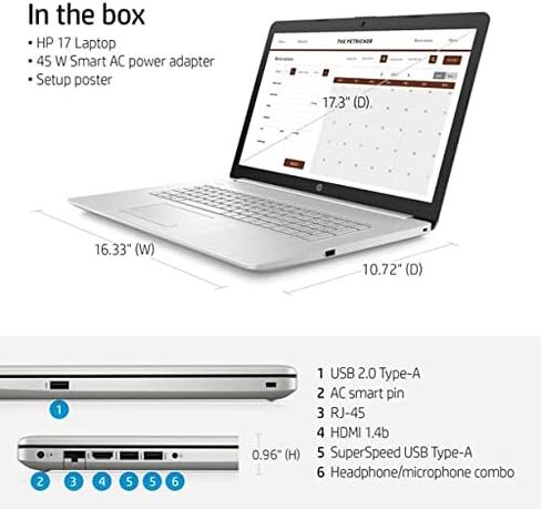 2022 HP كمبيوتر محمول 17.3 بوصة FHD IPS، معالج Intel Core i5-1135G7، ذاكرة الوصول العشوائي 8 جيجابايت، 512 جيجابايت SSD، لوحة مفاتيح بإضاءة خلفية، Intel Iris Xe Graphics، HDMI، WiFi، كاميرا ويب، Windows 11 Home، فضي، دعم IFT لمدة أسبوعين in Kuwait