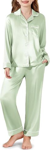 Arshiner Girls Pajamas Silk Satin Pajama Set Long Sleeve Pjs Button Down Sleepwear in Saudi Arabia