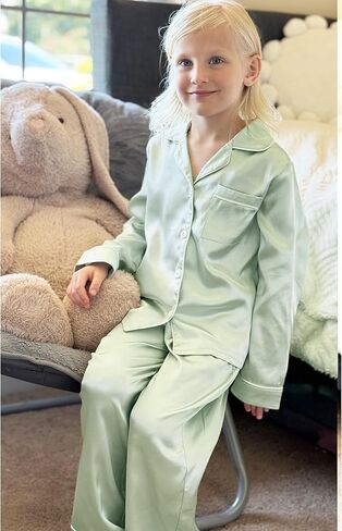 Arshiner Girls Pajamas Silk Satin Pajama Set Long Sleeve Pjs Button Down Sleepwear in Saudi Arabia