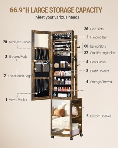 8 LEDs Jewelry Cabinet Armoire, 64.8-inch Jewelry Organizer with Garment Rack, Lockable Full-length Mirror with 4 Wheels, Storage Shelves with Hooks, 5-in-1, Toasted Oak JC17007B in Saudi Arabia