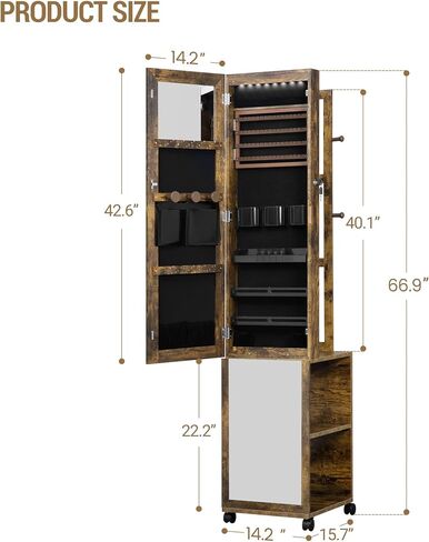 8 LEDs Jewelry Cabinet Armoire, 64.8-inch Jewelry Organizer with Garment Rack, Lockable Full-length Mirror with 4 Wheels, Storage Shelves with Hooks, 5-in-1, Toasted Oak JC17007B in Saudi Arabia