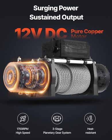 VEVOR Electric Winch, 12000 lbs Load Capacity, 12V DC Truck Winch with Φ0.36 in x 80 ft Steel Rope, Wireless & Wired Remote Control, IP55 Waterproof for Towing SUV Jeep Trailer Boat Off-Road Vehicle in Saudi Arabia