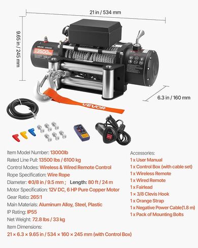 VEVOR Electric Winch, 12000 lbs Load Capacity, 12V DC Truck Winch with Φ0.36 in x 80 ft Steel Rope, Wireless & Wired Remote Control, IP55 Waterproof for Towing SUV Jeep Trailer Boat Off-Road Vehicle in Saudi Arabia