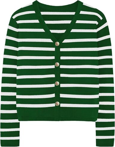 سترات كارديجان مخططة للسيدات - زر طويل الأكمام أسفل V Cardigans Cardigans كلاسيكية غير رسمية للنساء in Kuwait