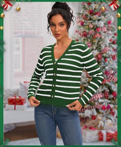 سترات كارديجان مخططة للسيدات - زر طويل الأكمام أسفل V Cardigans Cardigans كلاسيكية غير رسمية للنساء in Kuwait