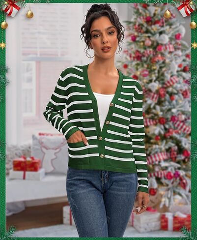 سترات كارديجان مخططة للسيدات - زر طويل الأكمام أسفل V Cardigans Cardigans كلاسيكية غير رسمية للنساء in Kuwait